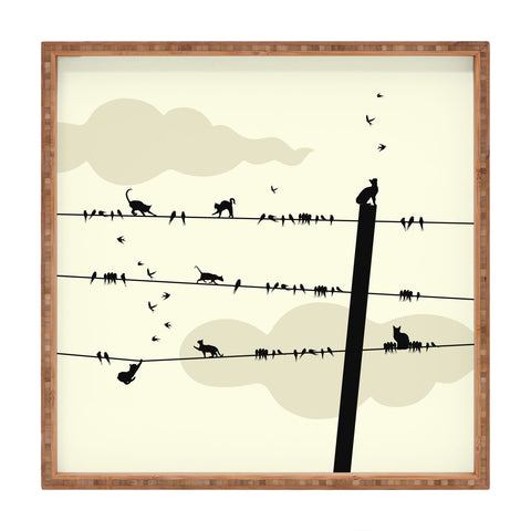 Belle13 Cats And Birds On Wires Square Tray