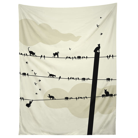 Belle13 Cats And Birds On Wires Tapestry