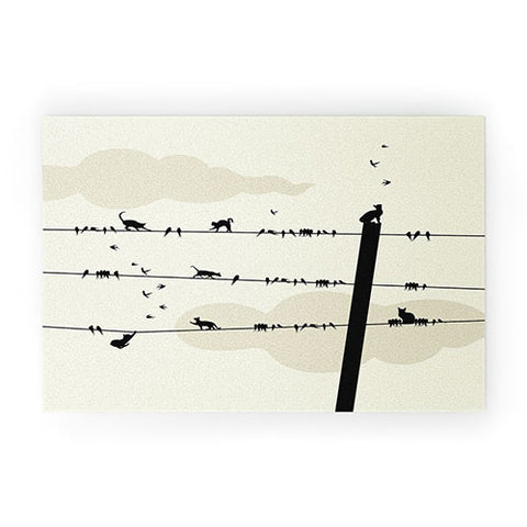 Belle13 Cats And Birds On Wires Welcome Mat