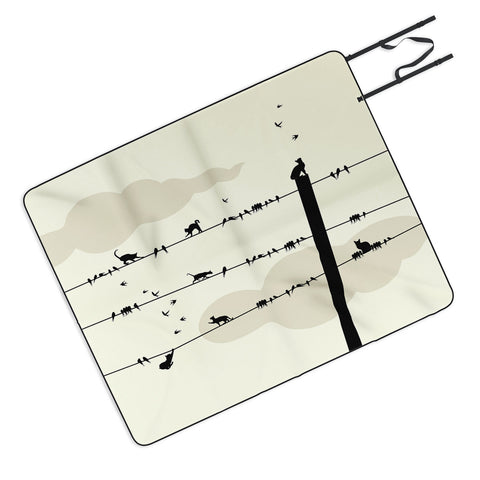 Belle13 Cats And Birds On Wires Picnic Blanket