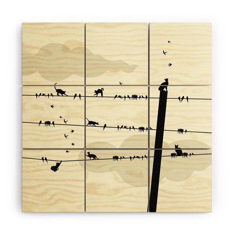 Belle13 Cats And Birds On Wires Wood Wall Mural