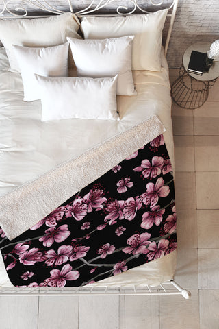 Belle13 Cherry Blossoms On Black Fleece Throw Blanket