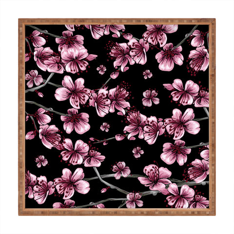 Belle13 Cherry Blossoms On Black Square Tray