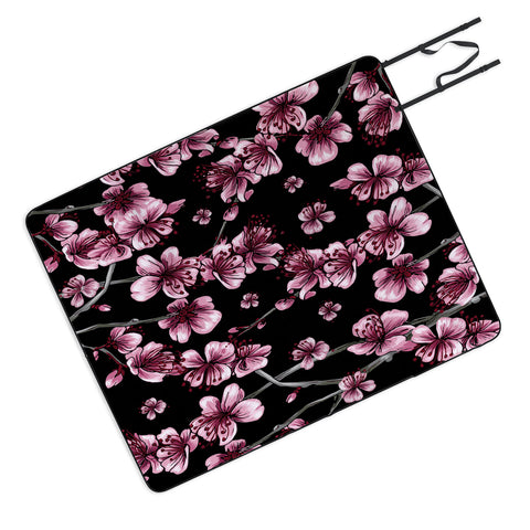 Belle13 Cherry Blossoms On Black Picnic Blanket