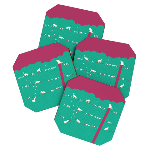Belle13 Lollipop Cats And Birds On Wires Coaster Set
