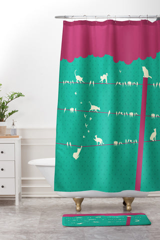 Belle13 Lollipop Cats And Birds On Wires Shower Curtain And Mat