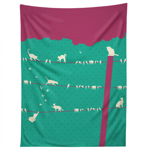 Belle13 Lollipop Cats And Birds On Wires Tapestry