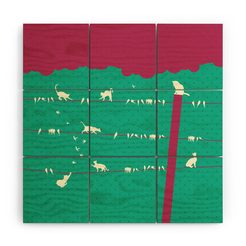 Belle13 Lollipop Cats And Birds On Wires Wood Wall Mural