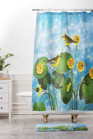 Belle13 Love Chirp on Water Lilies Shower Curtain And Mat