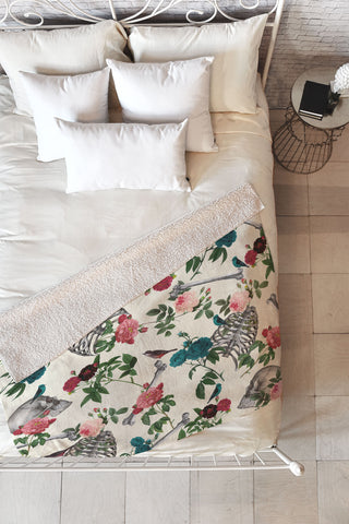 Belle13 Skulls Birds And Roses Fleece Throw Blanket