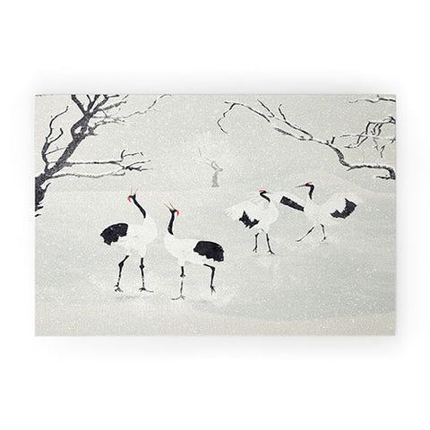 Belle13 Winter Love Dance Of Japanese Cranes Welcome Mat
