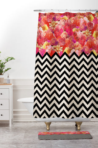 Bianca Green Chevron Flora 1 Shower Curtain And Mat