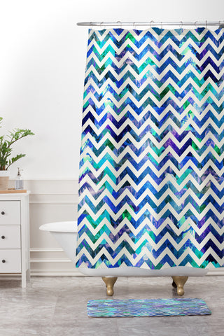 Bianca Green Floral Chevron Aqua Shower Curtain And Mat