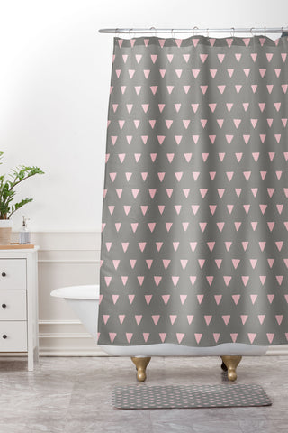 Bianca Green Geometric Confetti Pink Shower Curtain And Mat