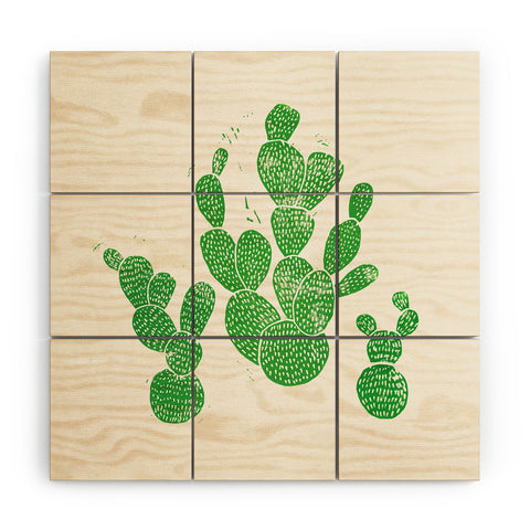 Bianca Green Linocut Cacti 1 Family Wood Wall Mural