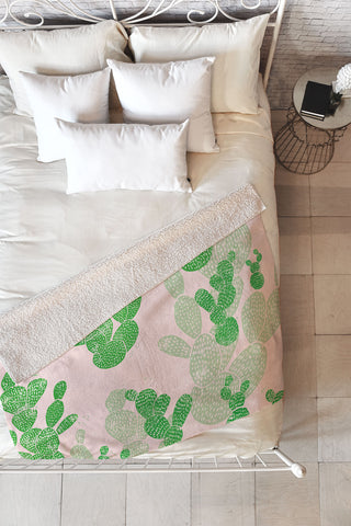Bianca Green Linocut Cacti 1 Pattern Fleece Throw Blanket