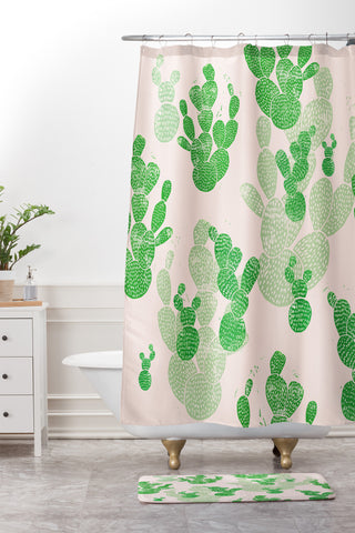 Bianca Green Linocut Cacti 1 Pattern Shower Curtain And Mat
