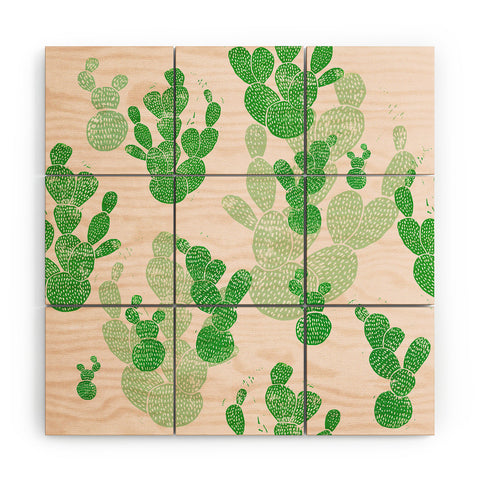 Bianca Green Linocut Cacti 1 Pattern Wood Wall Mural