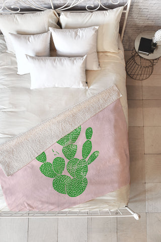 Bianca Green Linocut Cacti 1 Fleece Throw Blanket