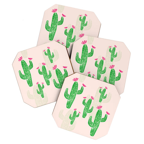 Bianca Green Linocut Cacti 2 Blooming Coaster Set