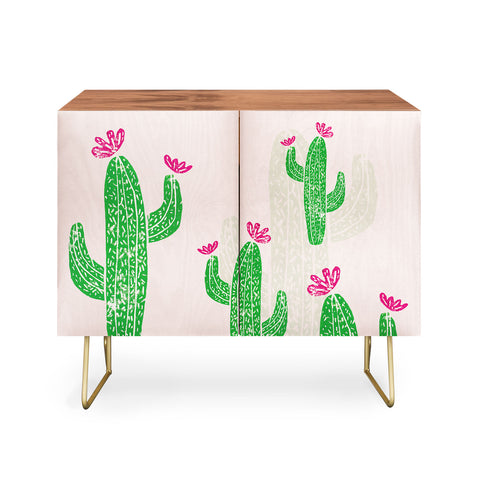 Bianca Green Linocut Cacti 2 Blooming Credenza