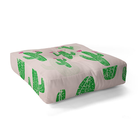 Bianca Green Linocut Cacti 2 Blooming Floor Pillow Square