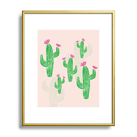 Bianca Green Linocut Cacti 2 Blooming Metal Framed Art Print