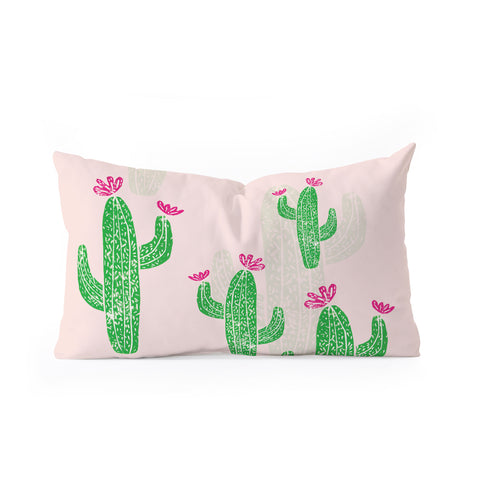 Bianca Green Linocut Cacti 2 Blooming Oblong Throw Pillow