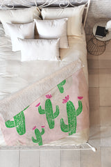 Bianca Green Linocut Cacti 2 Blooming Fleece Throw Blanket