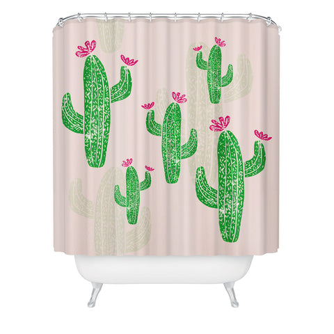 Bianca Green Linocut Cacti 2 Blooming Shower Curtain