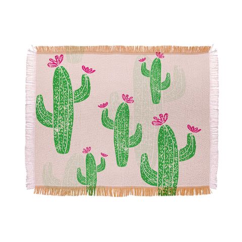 Bianca Green Linocut Cacti 2 Blooming Throw Blanket
