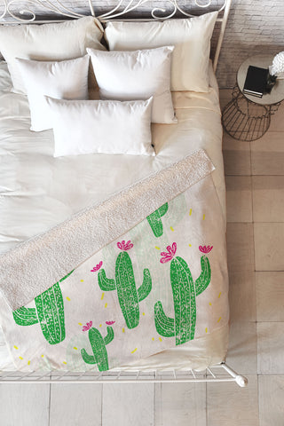Bianca Green Linocut Cacti 2 Confetti Fleece Throw Blanket