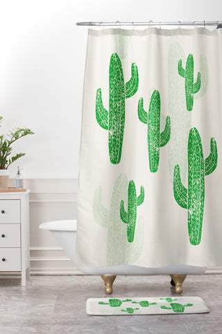 Bianca Green Linocut Cacti 2 Shower Curtain And Mat
