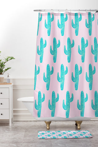 Bianca Green Linocut Cacti Candy Shower Curtain And Mat