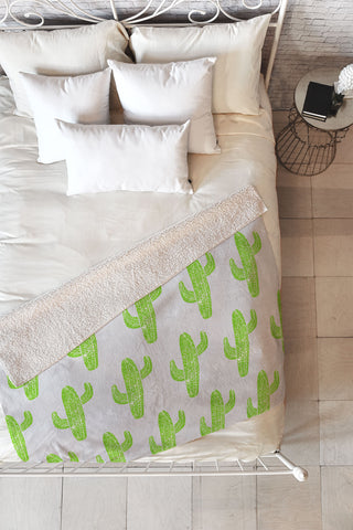 Bianca Green Linocut Cacti Green Fleece Throw Blanket