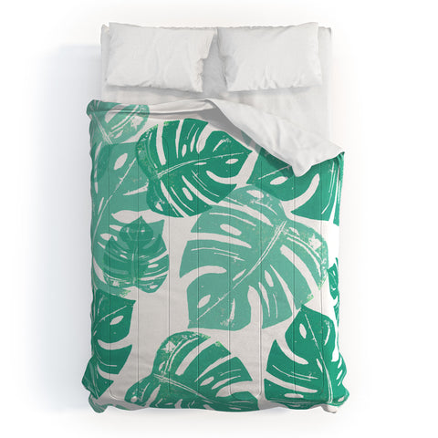 Bianca Green Linocut Monstera Comforter