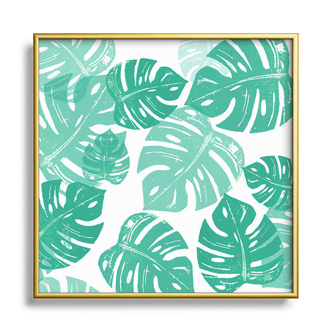 Bianca Green Linocut Monstera Metal Square Framed Art Print