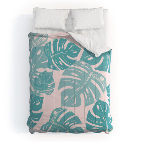 Bianca Green Linocut Monstera Pastel Comforter