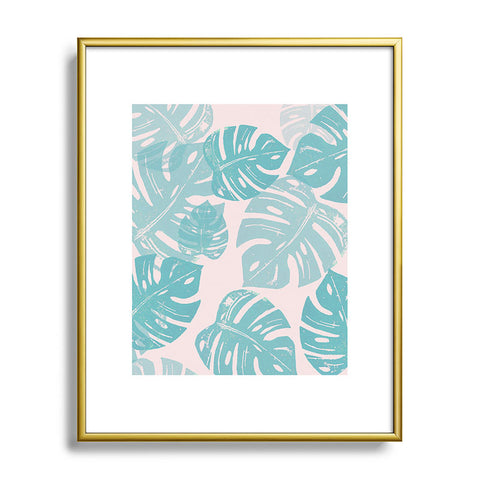 Bianca Green Linocut Monstera Pastel Metal Framed Art Print