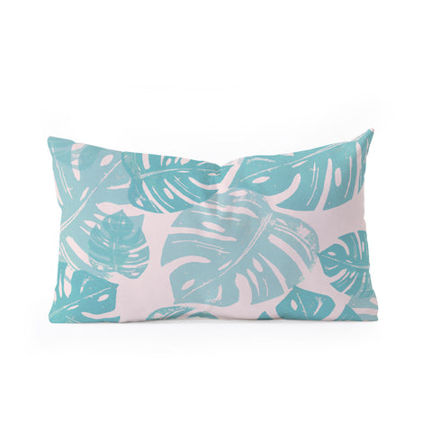 Bianca Green Linocut Monstera Pastel Oblong Throw Pillow