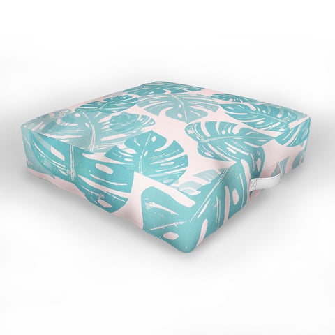 Bianca Green Linocut Monstera Pastel Outdoor Floor Cushion