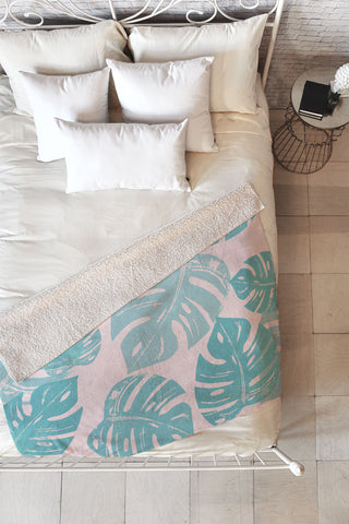 Bianca Green Linocut Monstera Pastel Fleece Throw Blanket