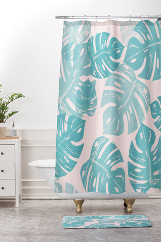 Bianca Green Linocut Monstera Pastel Shower Curtain And Mat