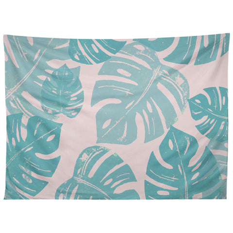Bianca Green Linocut Monstera Pastel Tapestry