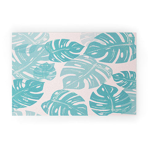 Bianca Green Linocut Monstera Pastel Welcome Mat