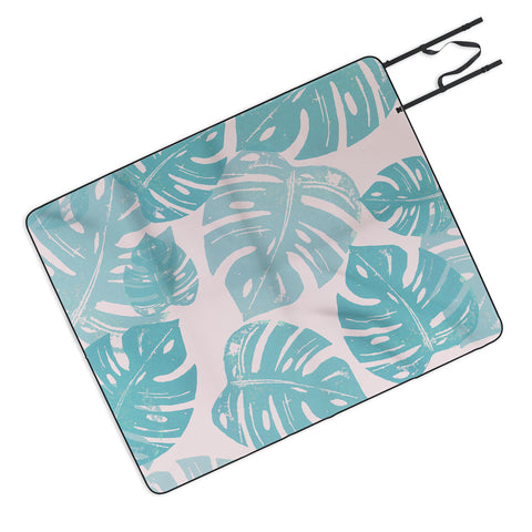 Bianca Green Linocut Monstera Pastel Picnic Blanket