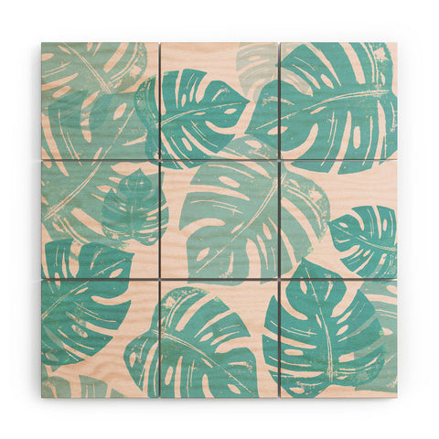 Bianca Green Linocut Monstera Pastel Wood Wall Mural