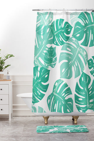 Bianca Green Linocut Monstera Shower Curtain And Mat
