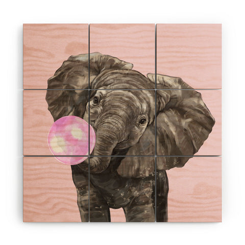 Big Nose Work Baby Elephant Blowing Bubble Wood Wall Mural