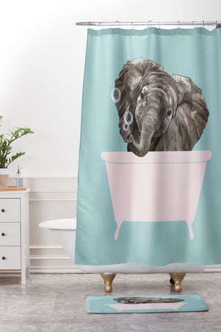 Big Nose Work Baby Elephant in Bathtub Shower Curtain And Mat